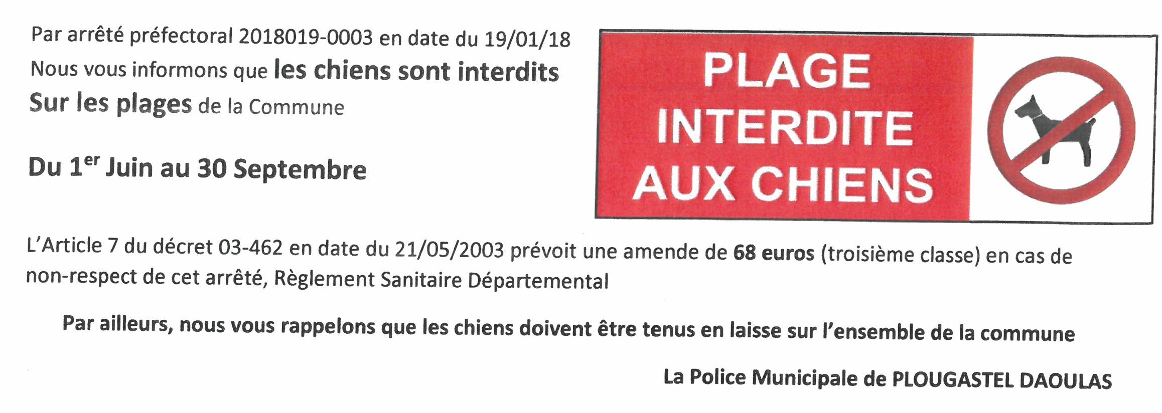 Information sur l'interdiction des plages aux chiens